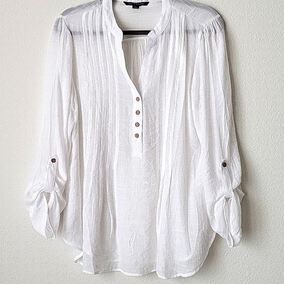 Zac & Rachel White Sheer Gauze like Top Blouse Push Up Button Tab Sleeves L - Picture 1 of 8